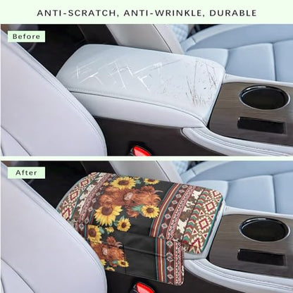 Aztec Highland Cow Sunflower Center Console Cover Non (Aztec Highland Cow Sunflower Claret)