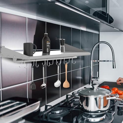 12"x36" Stainless Steel Wall Mount Floating Shelving with 6 Hooks (12" x 36" / 1 Piece)
