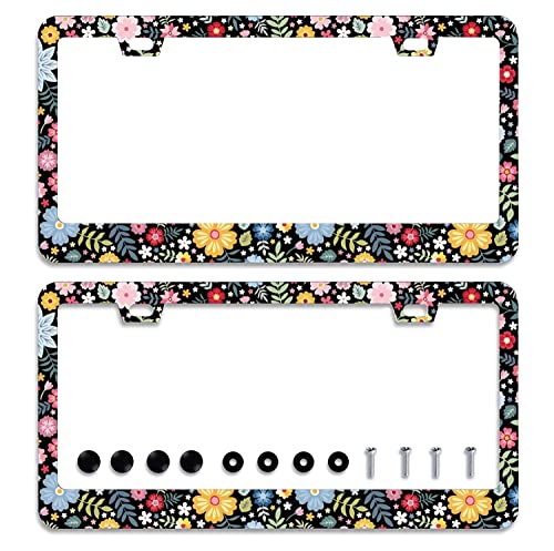 2Pcs Colorful Floral Flowers License Plate Frame Cute License Plate Frames (Retro Colorful Floral Flowers Pattern)