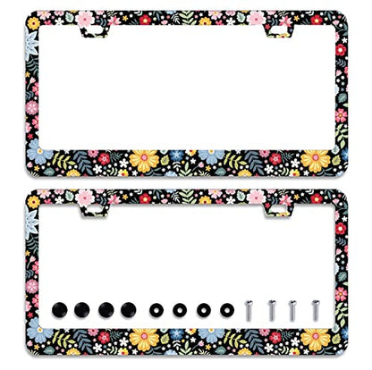 2Pcs Colorful Floral Flowers License Plate Frame Cute License Plate Frames (Retro Colorful Floral Flowers Pattern)