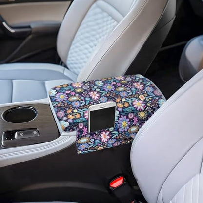 Hippie Flower Lotus Car Center Console Cushion Cover Universal Armrest Box Mat Scratch Resistant Wear (Hippie Flower Lotus Blue Violet)