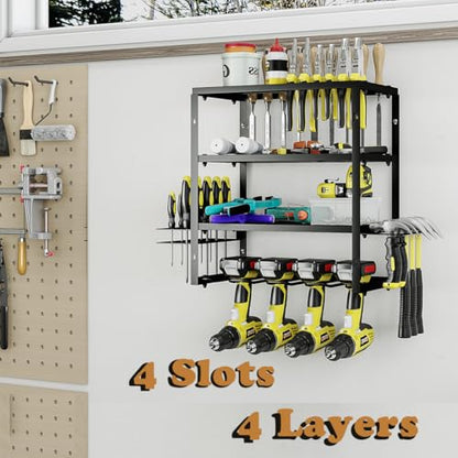 Power Tool Organizer Heavy Duty Wall Mount Drill Tools Holder (Black / 4 Slots 3Layers)