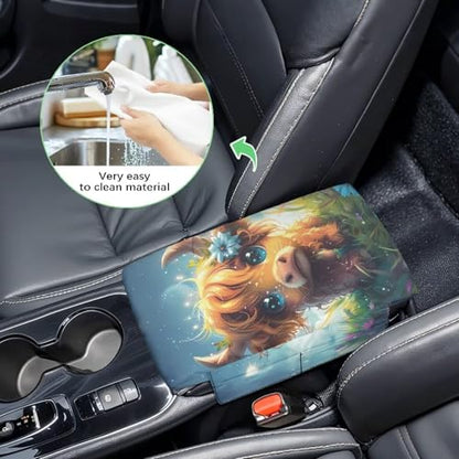Cute Highland Cow Auto Center Console Armrest Cover Arm Rest Seat Box Pad Protector with Side Storage Pocket Middle Console Pad for Car Storage Box Car Interior Accessories (Cute Highland Cow)
