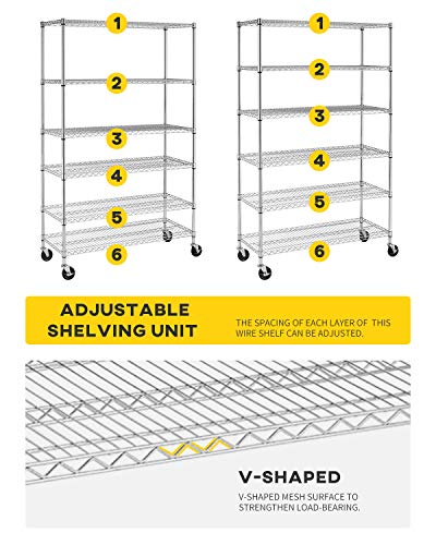 6 Tier Wire Shelf with Wheels (Chrome / 18"D x 48"W x 77"H)