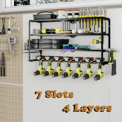 Power Tool Organizer Heavy Duty Wall Mount Drill Tools Holder (Black / 7 Slots 3Layers)