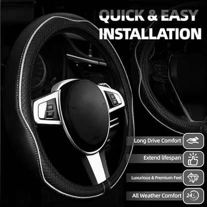 6 PCS Car Steering Wheel Cover Set (Steering Wheel Cover Set / Black with white)