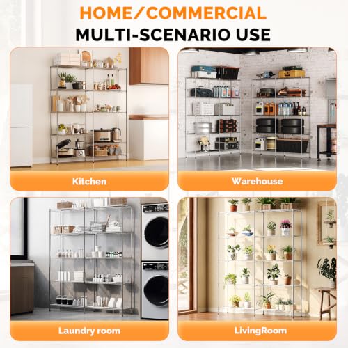 5 Tier Storage Shelves 1430LBS Heavy Duty Metal Shelving (Chrome / 58"W × 13.8"D × 71"H)