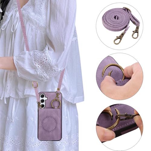 Compatible with Samsung Galaxy S23 FE 5G Wallet Case and Screen Protector Crossbody Shoulder Strap Ring Buckle Stand Card Holder Magnetic Car Mount Phone Cover for S 23 EF S23FE 23S Women Men Purple (Purple / for S23 FE)