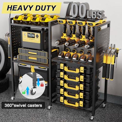 6 Tier Large Power Tool Organizer Cart with Charging Station (Black)