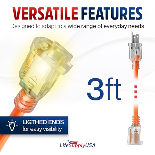 3ft Outdoor Indoor Extension Cord 16 (3 FT / 16AWG / Orange)