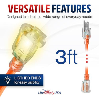 3ft Outdoor Indoor Extension Cord 16 (3 FT / 16AWG / Orange)