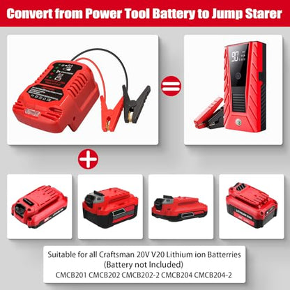 Jump Starter Adapter for Craftsman 20V V20 Battery with Jumper Cable Clamps Portable Car Charger Jump Starter (For Craftsman)