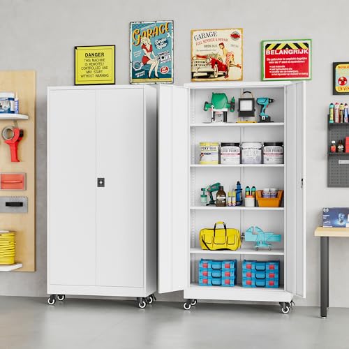 75" Tall Metal Storage Cabinet with Wheels (75"H x 31.5"W x 16"D / White)