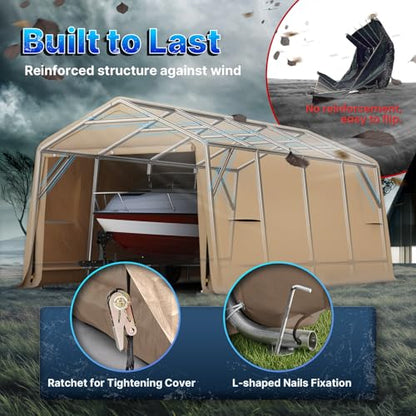 Heavy Duty 10X20 ft Carport Outdoor Patio Portable Canopy Storage Shelter Shed with 2 Rolled up Zipper Doors & Vents for Snowmobile Garden Tools (Beige / 10'x20')