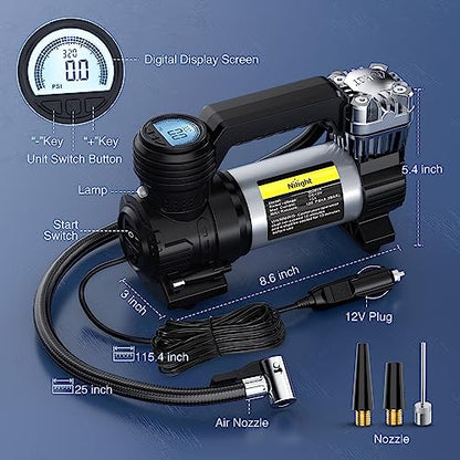 Portable Air Compressor Tire Inflator 12V Heavy Duty 120PSI Metal Pump Double Cylinder Digital Pressure Fast Inflate Auto Shutoff for Car SUV Motorcycle (Double Cylinder Air Compressor Pump)