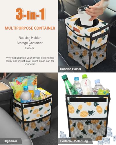 Car Trash Can with Lid Leakproof Car Garbage Bag Vehicle Trash Bin (2 Gallons / Pineapple Print)