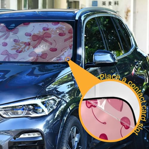 Car Windshield Sun Shade Bow Cherry Pink Foldable Car Front Windshield Sunshade Blocks UV Rays Sun Visor Heat Protection for Truck SUV to Keep Your Vehicle Cool (Small / Bow Cherry Pink)