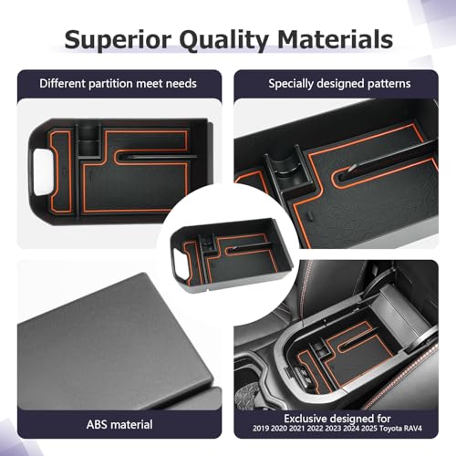 2025 RAV 4 Center Console Organizer Compatible with 2019 2020 2021 2022 2023 2024 2025 Toyota RAV 4 Accessories Armrest Console Secondary Storage Box Insert Tray ABS Material Orange