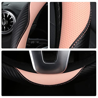 Car Steering Wheel Covers for Women Girl Padded Carbon Fiber PU Leather Cute Cartoon Auto Interior Accessories for Jeep (Pink+Black / Large Size[15.2-16"](38.6-40.5cm))