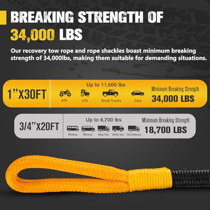 1"×30ft Kinetic Recovery Rope with 2 Soft Shackles Kit (1in×30ft)