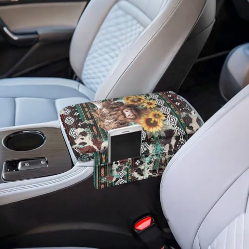 Aztec Highland Cow Sunflower Car Center Console Cover Soft Armrest Cover Protector Wear (Aztec Highland Cow Sunflower)