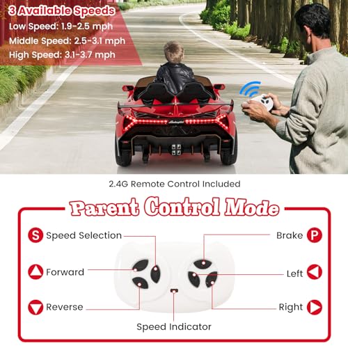 Ride on Car Lamborghini Licensed 12V Battery Powered 4WD Sports Car with Remote Control (Red)