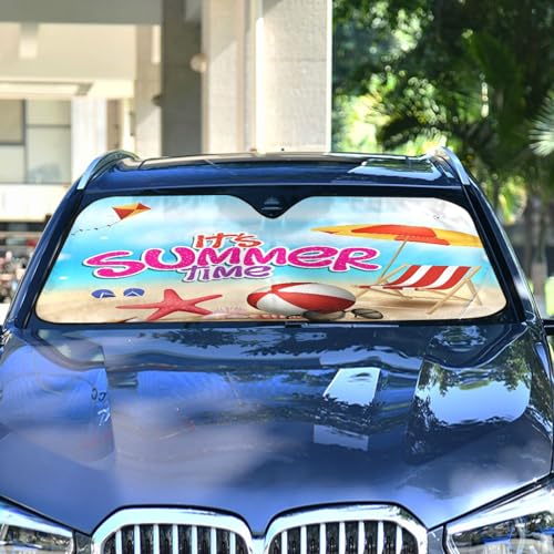 Car Windshield Sun Shade Funny Tropical Summer Beach Foldable Car Front Windshield Sunshade Blocks UV Rays Sun Visor Sun Heat Protection for Car Truck SUV to Keep Your Vehicle Cool (Small / Summer Beach)