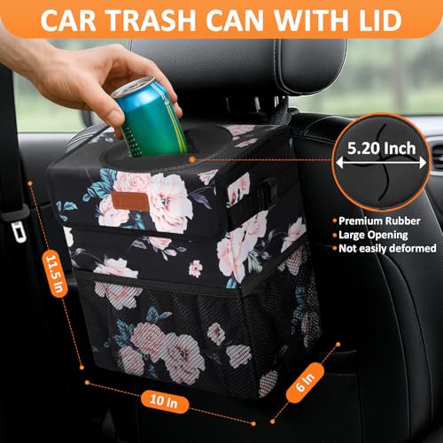 Car Trash Can with Lid Leak Proof Car Accessories for Women (3 Gallons / Black Floral)