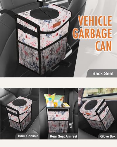 Car Trash Can with Lid Leakproof Car Garbage Bag Vehicle Trash Bin (2 Gallons / Flamingo Print)