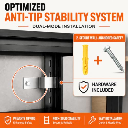 Garage Shelving Adjustable Metal Storage Shelves with Anti‑Tip Safety Kit (Reinforced 72"H×35.4"W×15.7"D)