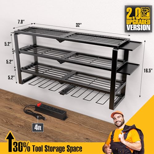 420LB Capacity Power Tool Organizer with Charging Station & 6 Outlets (4 shelves 8 slots (single) with power strip)