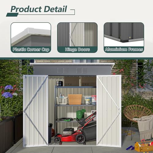 6x4 FT Outdoor Metal Storage Shed with Lockable Door & Floor Frame (Gray / 6x4 Ft)