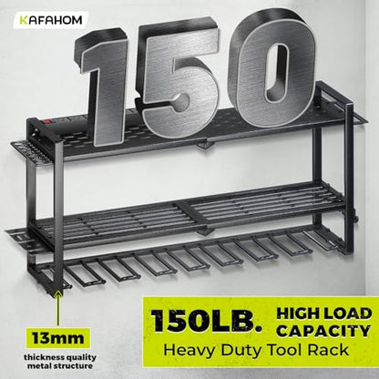 Power Tool Organizer with Charging Station. 8 Drill Holder 3 Layers Tool Storage Shelf Wall Mount Built in 8 Outlet Power Strip.Tool Battery Holder with Screwdriver (3L-8D / Black with Power)