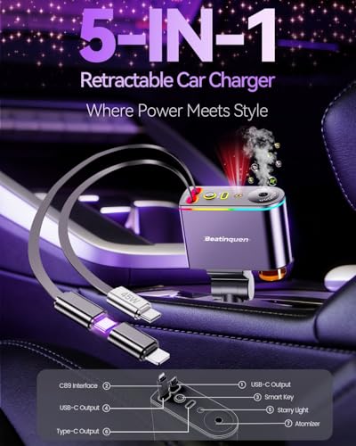 5 in 1 Retractable Car Charger USB C