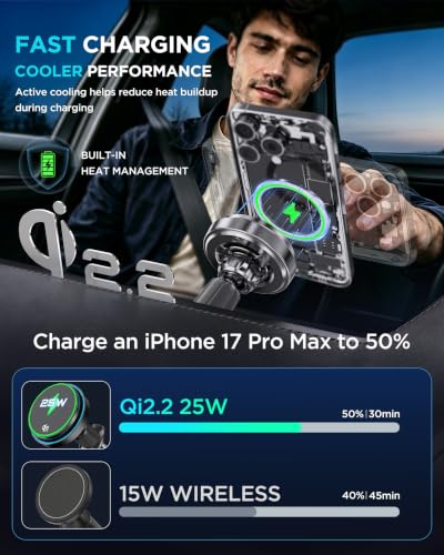 Qi2.2 25W Certified for Mag Safe Car Mount Charger (Black)
