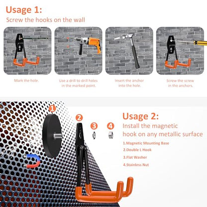 Strong Magnetic Hooks Heavy Duty 4 Pack Magnet Garage Hook Heavy Duty Rare Earth Magnets Utility Storage Hooks for Hanging Ladder (Orange)