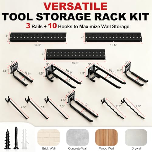 Garage Tool Organizer Wall Mount 49.5 inches with 10 Adjustable Heavy (49.5" | 3 Panels + 10 Hooks)