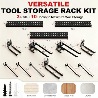 Garage Tool Organizer Wall Mount 49.5 inches with 10 Adjustable Heavy (49.5" | 3 Panels + 10 Hooks)