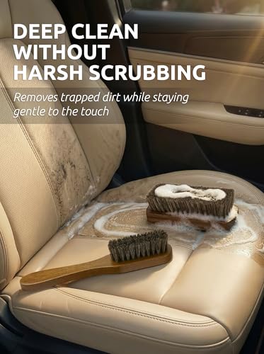 Leather & Upholstery Cleaning Brush Set with Compact Wood Handle (Brown)