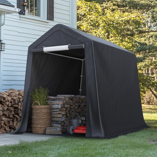 6x8 ft Outdoor Portable Storage Shelter Shed with 2 Roll up Zipper Doors & Vents Carport for Motorcycle Waterproof and UV Resistant Portable Garage Kit Tent (Dark Gray / 6'x8')