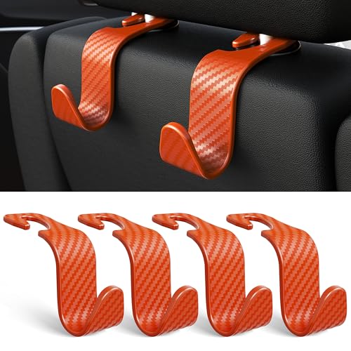 4 Pack Car Headrest Hooks Holds 55lbs Seat Storage Organizer for Bags (Orange Check)