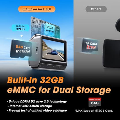 Z60 4K+1080P Dual Dash Cam (Z60-64GB SD Card)