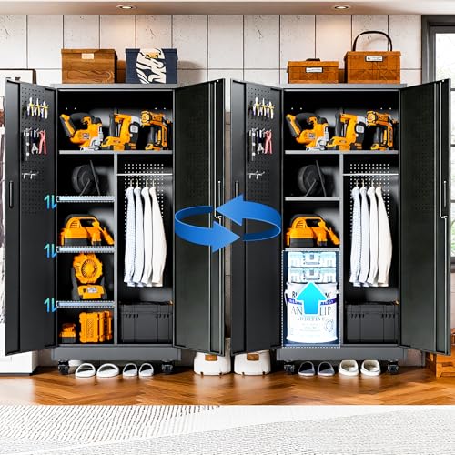 Metal Storage Cabinet for Garage (Black / L - 2 Doors & Hanging Rod (Wheeled))