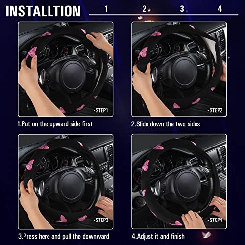 Pink Embroidery Butterfly Steering Wheel Cover (Black and Pink)