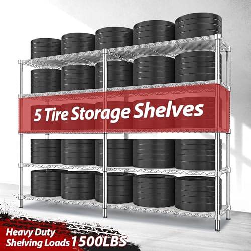 1500LBS Storage Shelves 61.7''W Wire Shelving Unit 5 Tier Metal Shelving for Storage Rack Shelves Heavy Duty Garage Shelf Pantry Shelves Kitchen Shelving (Chrome-15.8" Dx61.7" Wx72.4" H-5 Tier)