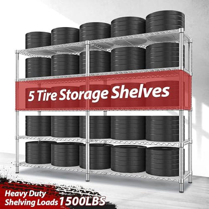 1500LBS Storage Shelves 61.7''W Wire Shelving Unit 5 Tier Metal Shelving for Storage Rack Shelves Heavy Duty Garage Shelf Pantry Shelves Kitchen Shelving (Chrome-15.8" Dx61.7" Wx72.4" H-5 Tier)