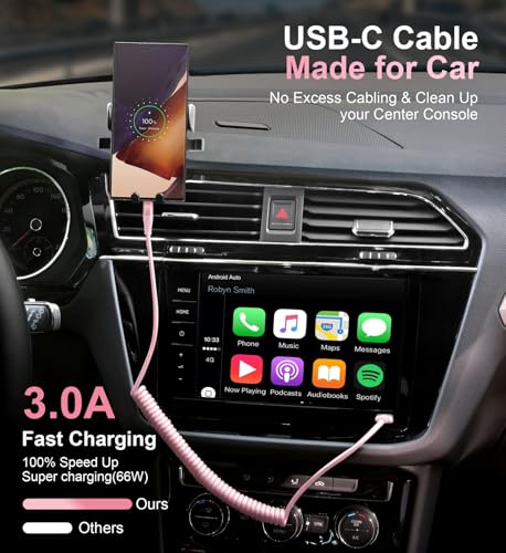 USB C Cable Fast Charging Cable [3FT+6FT] Coiled USBA to USBC Cable for Car (3FT+6FT / Pink)
