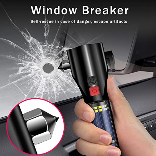 All-in-1 Car Safety Hammer, Multi-Function Emergency Escape Hammer with Window Breaker and Seatbelt Cutter, Mobile Power, LED Flashlight, Alarm Rescue, Strobe SOS Beacon (Metallic)