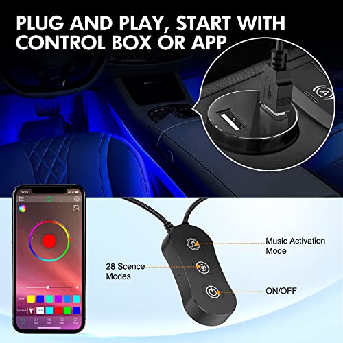 4PCS USB Car Interior Neon Accent Lights RGB App and Button Control (USB Interior Lights - APP+Button)