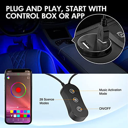 4PCS USB Car Interior Neon Accent Lights RGB App and Button Control (USB Interior Lights - APP+Button)